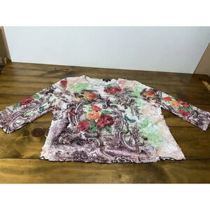 Jess &Jane Top Large Floral Abstract Textured 3/4 Sleeve Stretch Blouse Size XL